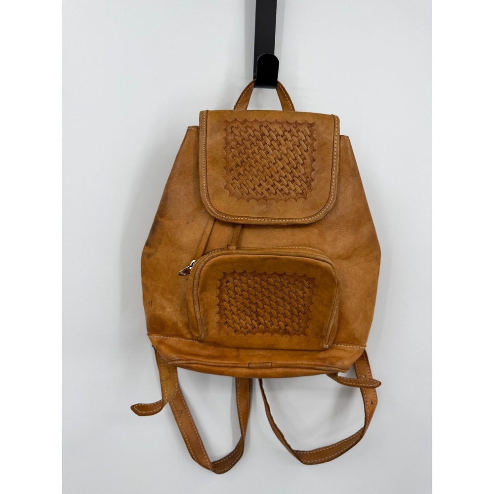 Unbranded Woven Leather Backpack Women Small Tan Boho Basketweave Rucksack